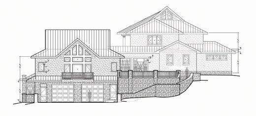 Beach House Architects, custom home design with guest house over large garage, property with steep slope